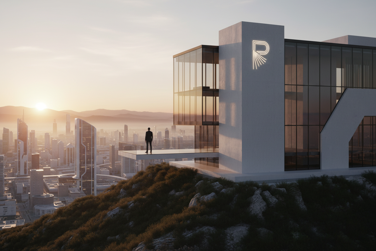 Obraz przedstawia wizjonerski, minimalistyczny budynek – przyszłą siedzibę lub flagowy salon Pilqo – usytuowany na wzgórzu z widokiem na nowoczesne miasto o wschodzie słońca. To potężna metafora budowania trwałego dziedzictwa, patrzenia w przyszłość i globalnej ekspansji. Postać na tarasie symbolizuje założyciela spoglądającego na horyzont nowych możliwości. Stylistyka jest spójna z resztą timeline'u, utrzymując luksusowy, architektoniczny charakter.