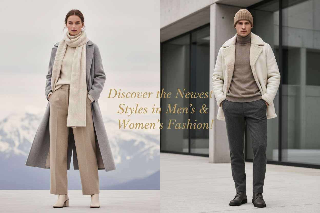 create a banner for  Discover the Newest Styles in Men's & Women's Fashion! and make it half for men and other half is men on the left side will be women on the right will be men make it lokk premiu luxury minimalsit colours and for winter 