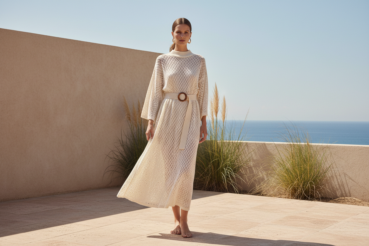 Woman in a white dress standing on a rooftop with ocean view