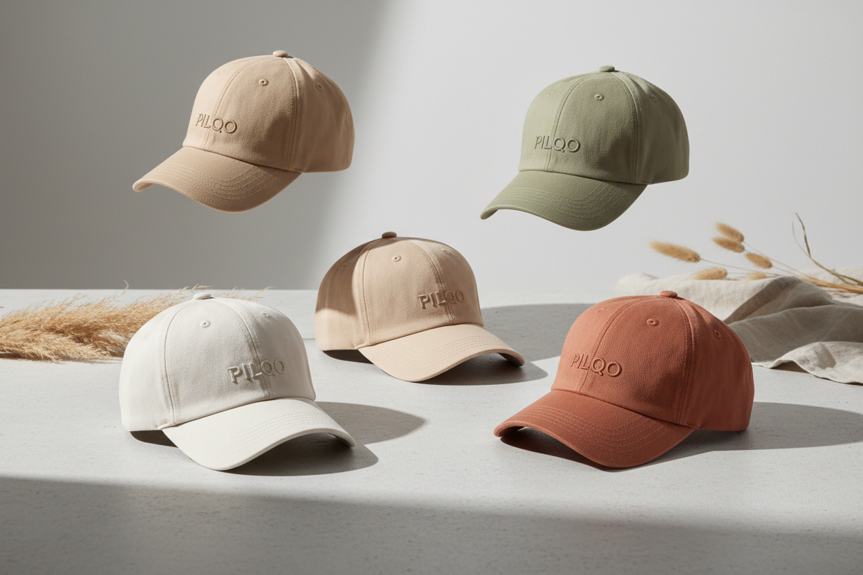 Five caps in beige, brown, and green on a light gray background with 'PILQO' branding.
