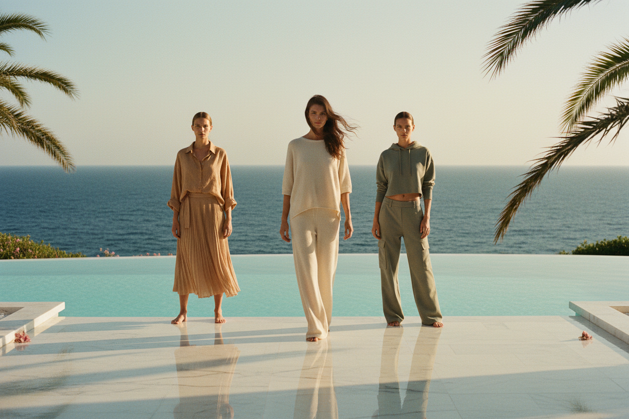 Three models stand on a white tiled pool deck overlooking the ocean with palm trees in the background. The center model wears a cream two-piece set, while the models on either side wear matching neutral-toned outfits.